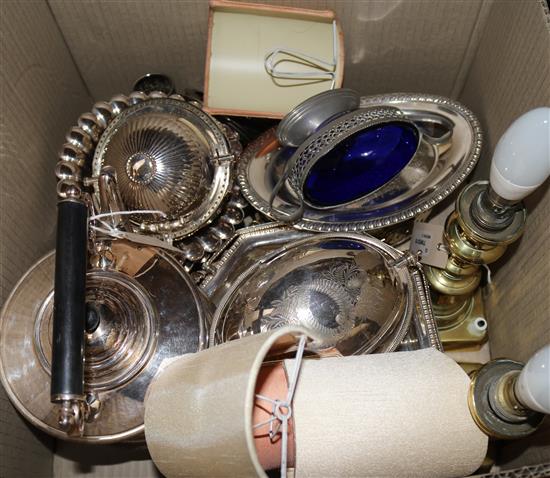 A plated kettle on spirit stand, a small collection of other plated items and a pair of brass candlestick table lamps